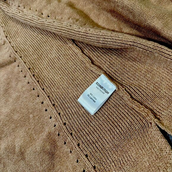 EDINBURGH Knitwear Cotton Cashmere external seam lace hole cardigan tan NWT Med - Picture 5 of 9